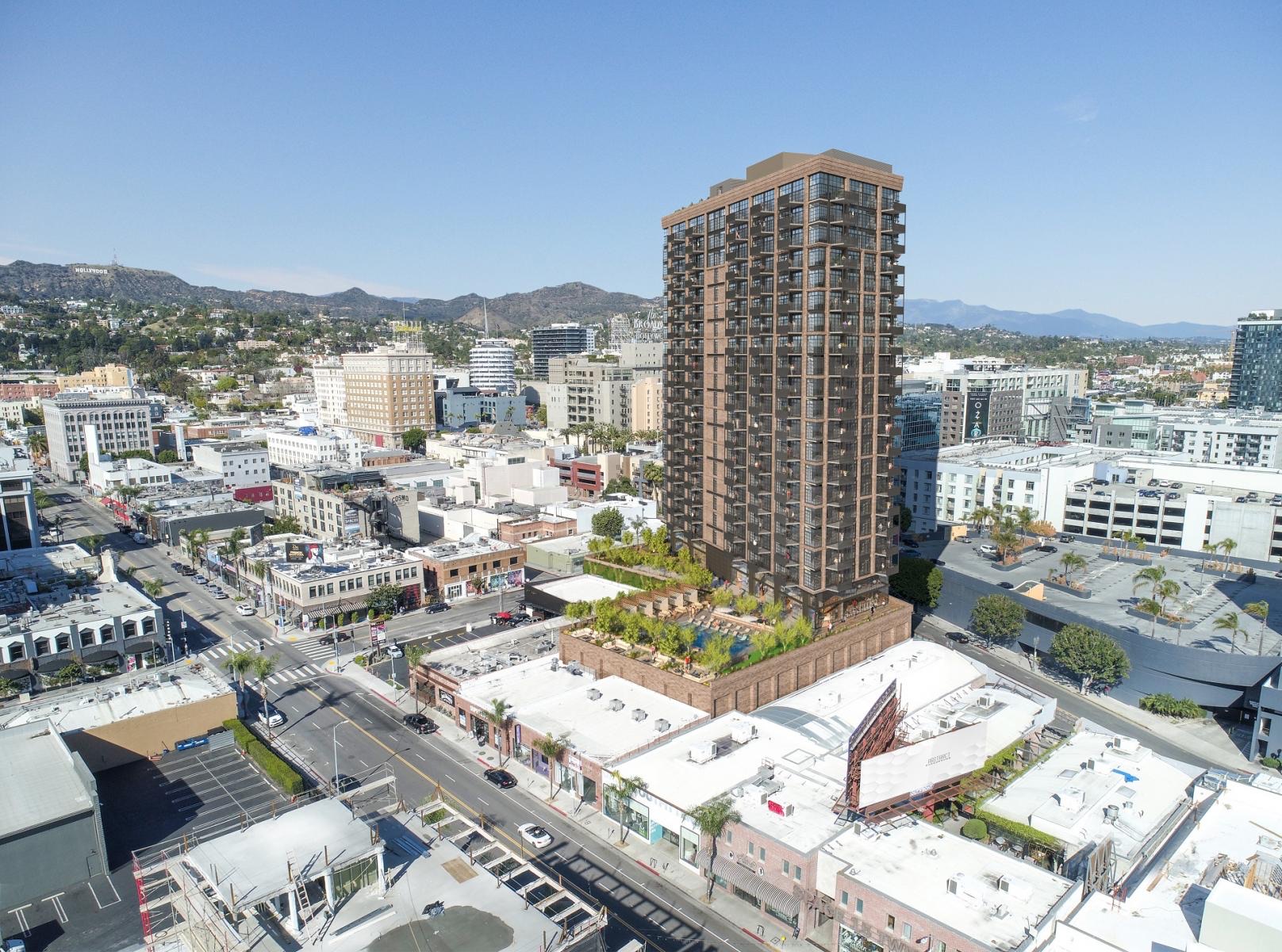 Aerial rendering looking north over Cahuenga Boulevard with the approved Artisan Hollywood tower one block south of the subject