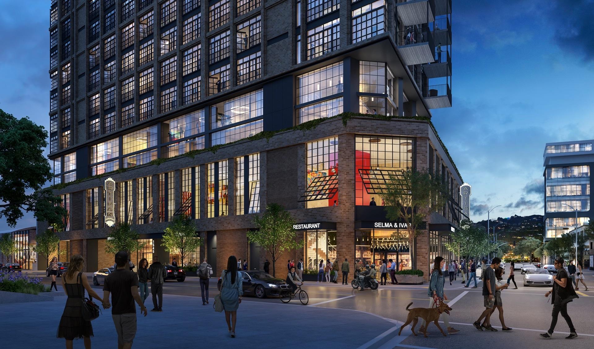 Street-level rendering of the approved Artisan Hollywood tower and commercial frontage at Selma and Ivar