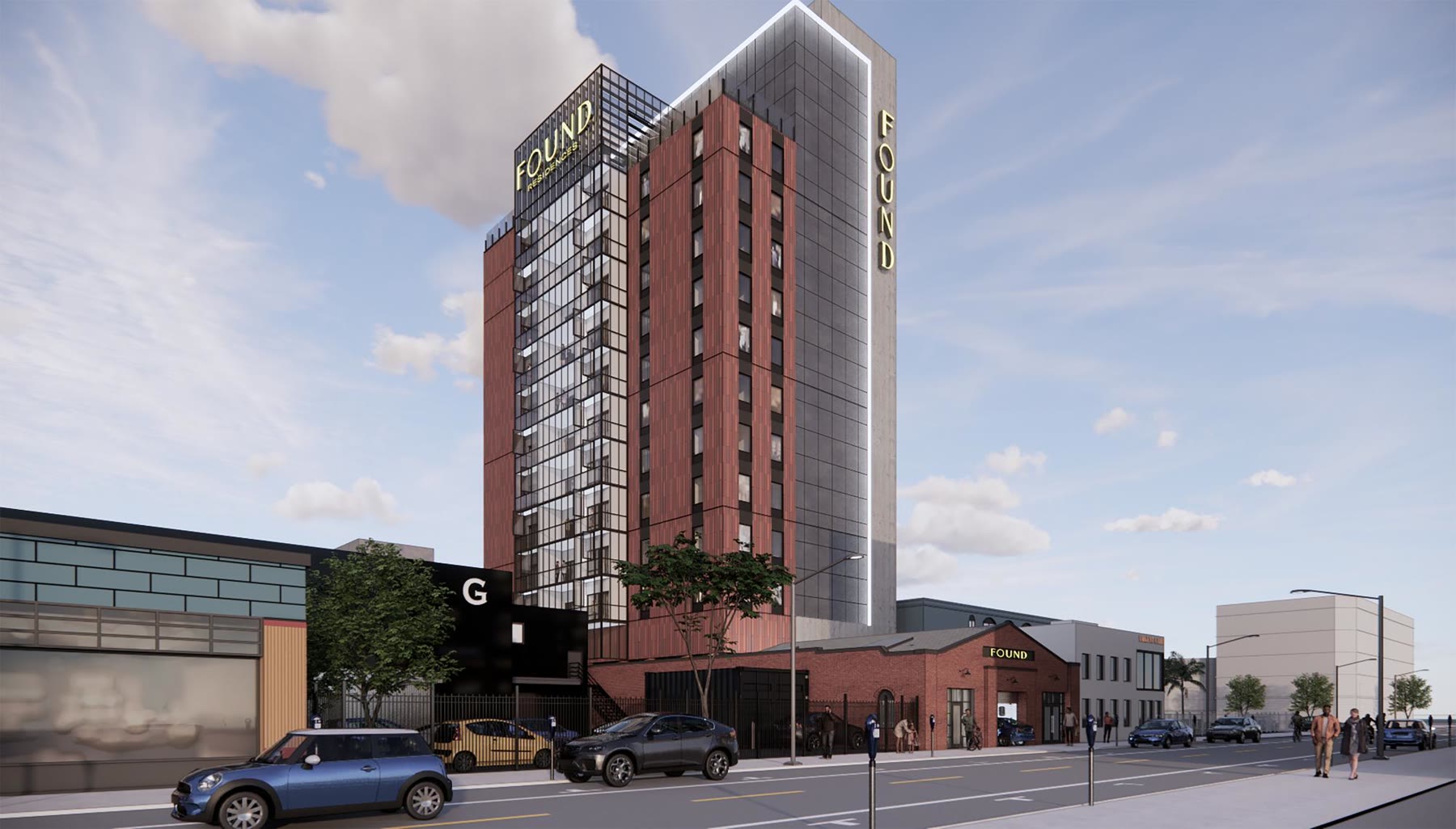 Street-level rendering of the entitled Found Residences building on Selma Avenue with the brick frontage retained at ground level