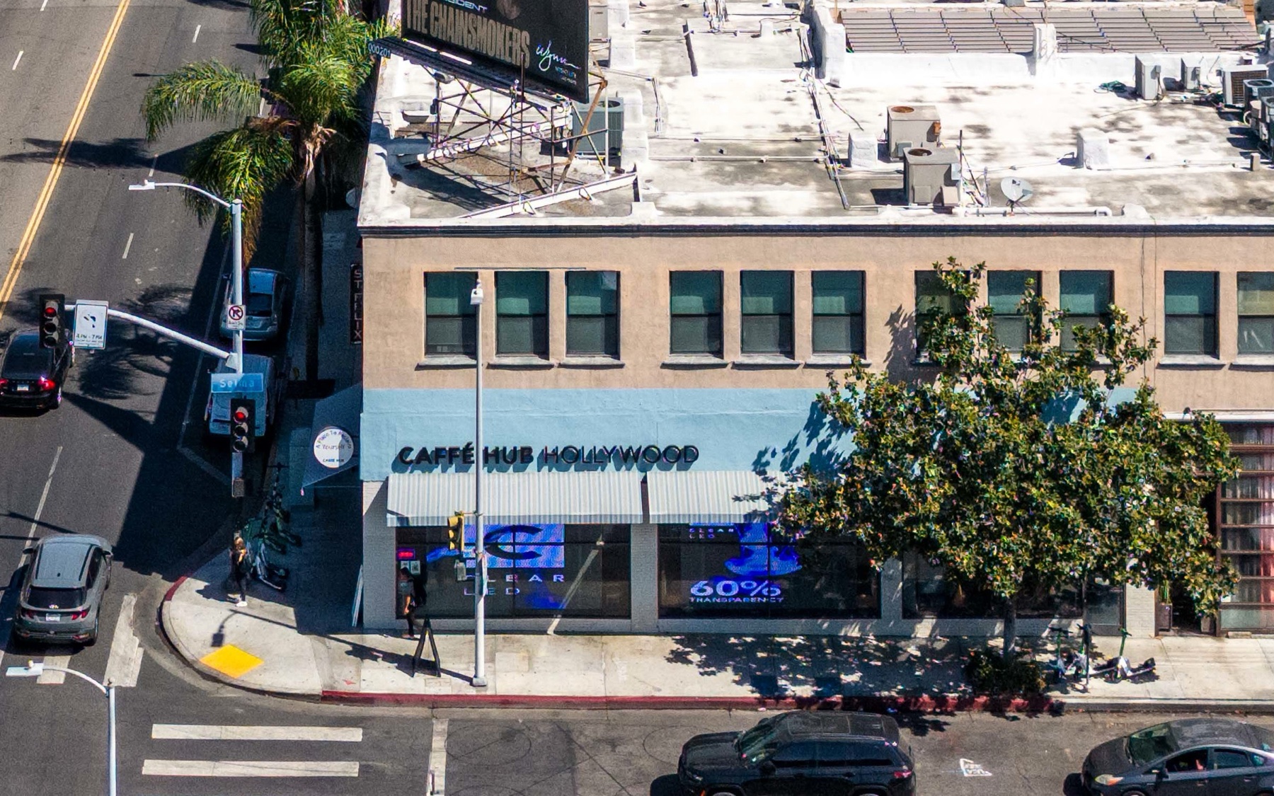 Caffè Hub storefront at the Cahuenga and Selma corner